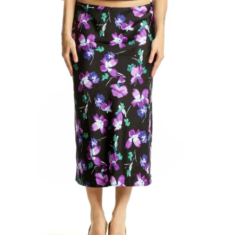 J. CREW Black, Vibrant Purple & Blue All Over Floral Midi Pencil Skirt Size S